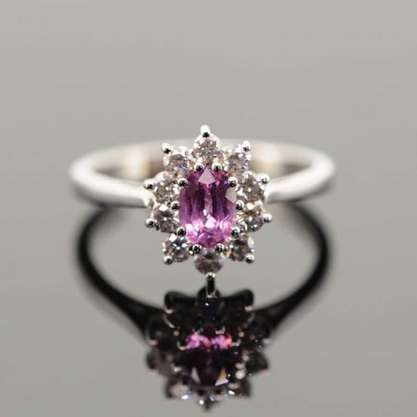 18ct White Gold Pink Sapphire &#038; Diamond Cluster Ring,Pink Sapphire and Diamond Cluster Ring,18ct Pink Sapphire and Diamond Ring.