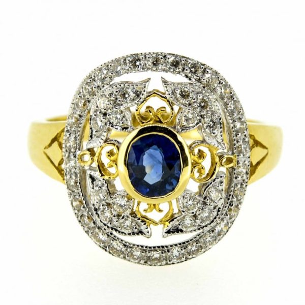 18ct Sapphire And Diamond Antique Style Ring|18ct Sapphire And Diamond Vintage Style Ring| 18ct Sapphire And Diamond Engagement Ring.