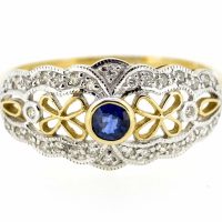9ct Antique Style Sapphire And Diamond Ring| 9K Sapphire And Diamond Fancy Antique Ring| Sapphire And Diamond Engagement Ring