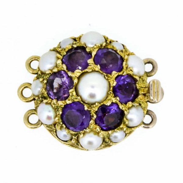 Vintage 9ct Gold Amethyst and Cultured Pearl Three Row Necklace Clasp,Pearl Necklace Clasp,Three row 9ct Pearl and Amethyst Clasp