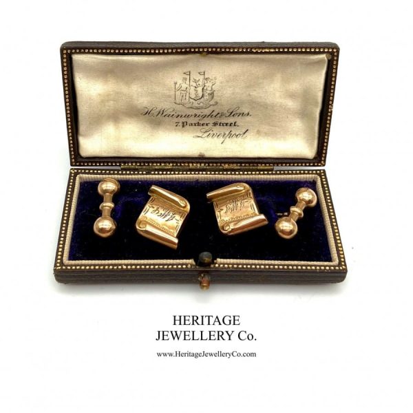 Victorian Gold Scroll and Dumbbell Cufflinks with Antique Box
