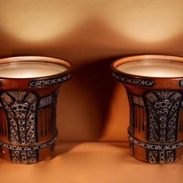 A Pair Of Very Rare And Impressive Decorative Art Deco Large Pottery “gres” Jardinières, Eliminated Side Tables