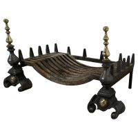 Large Polished Steel and Brass Log Grate on Andirons