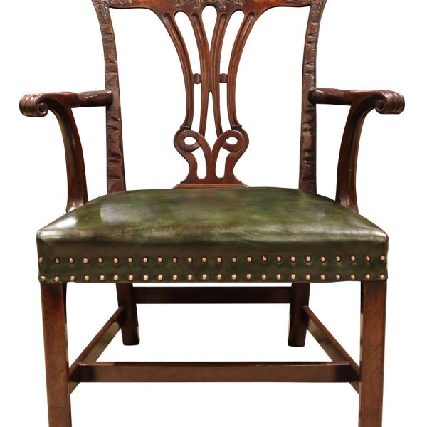 Late 18th Century Mahogany Carver Chair with Hand-Dyed Green Leather Seat – Circa 1780