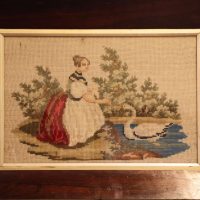 Mid 19th Century Gros Point Needlework – Girl Feeding a Swan, circa 1860