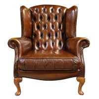 Mid-20th Century Brown Leather Wing Chair with Walnut Cabriole Legs – Circa 1960s