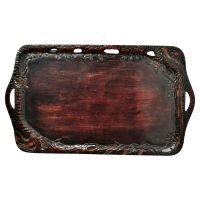 Oriental Folk Art Carved Red Lacquer Tray Decorated with Cockerels