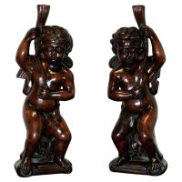 Pair of 18th Century Carved Walnut Putti, Twin Caryatid