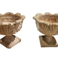 Pair of Cast Stone Leaf Decorated Garden Urns on Pedestal Bases, Mid 20th Century