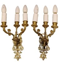 Pair of Decorative Brass Three-Branch Wall Sconces, Early 20th Century, Circa 1930