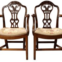 Pair of Edwardian Mahogany Chippendale Revival Open Armchairs / Elbow Chairs