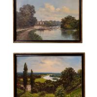 Pair of Framed Oil Paintings of Petersham Meadow and Richmond Bridge, Signed J. Lewis