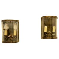 Pair of French Twin Light Brass Convex Wall Lanterns