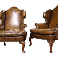 Pair of George I Style Walnut &amp; Leather Wing Armchairs, Circa 1930