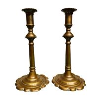 Pair of George III Brass Petal Base Candlesticks