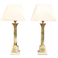 Pair of Gilt Metal Mounted Onyx Column Table Lamps, Circa 1960