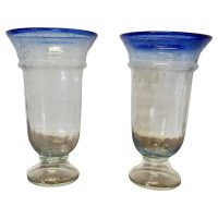 Pair of Large Vintage Seeded Bubble Art Glass Vases with Sapphire Blue
