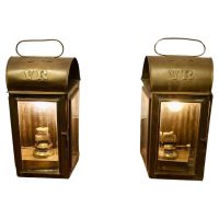 Pair of Victorian Brass Carriage Lamps, Large Wall Hanging Lanterns