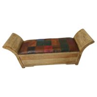 Pine and Leather Hall Seat, Storage Sleigh Bench