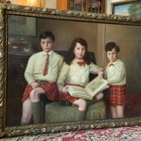 Scottish Family Antique Portrait Painting Of Children Wearing Red Tartan Kilts