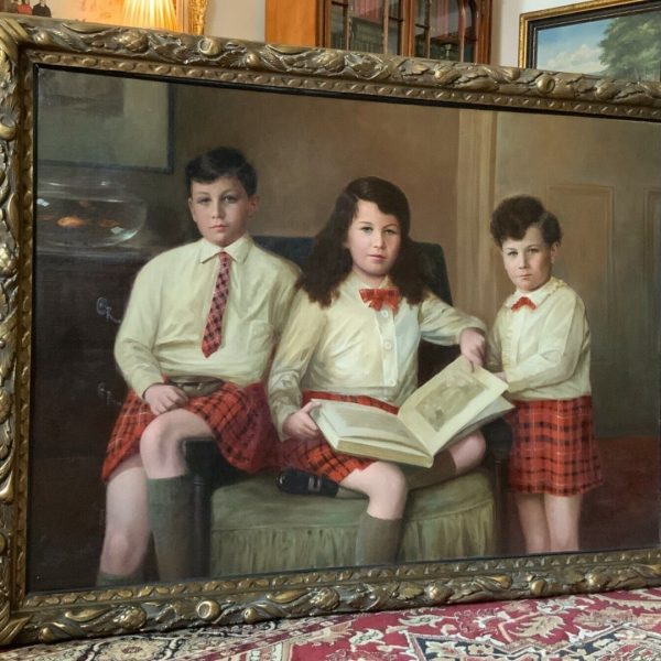 Scottish Family Antique Portrait Painting Of Children Wearing Red Tartan Kilts