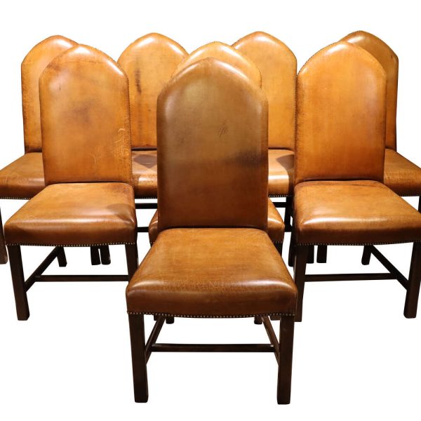 Set of 8 Oak and Leather Dining Chairs – 19th Century
