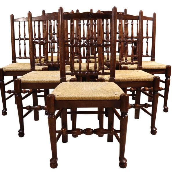 Set of 8 Oak Spindle Back Dining Chairs Including Two Carvers 20thc
