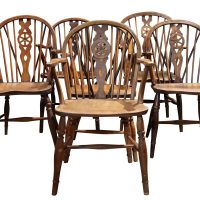 Set of Six Thames Valley Harlequin Wheelback Windsor Armchairs in Mixed Native Woods