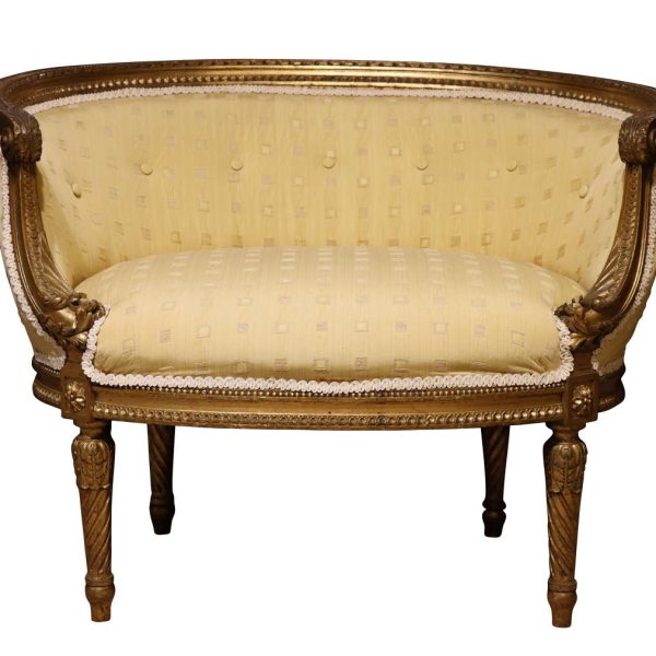 Small Giltwood Boudoir Sofa with Buttoned Curved Back, Circa 1900
