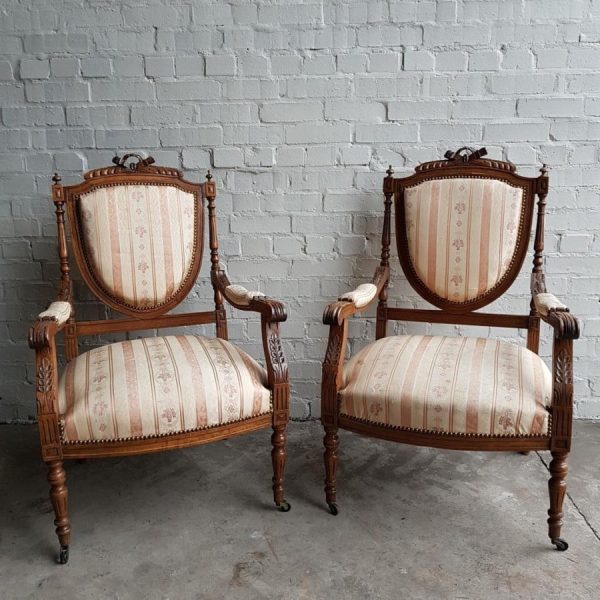Pair French 19th cent carved open armchairs.