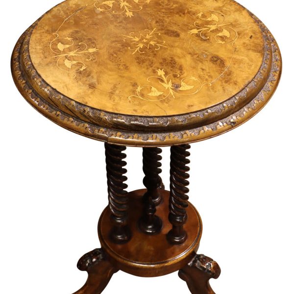 Unusual Victorian Circular Inlaid Burr Walnut Lamp Table, England, circa 1860