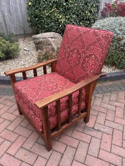 Arts & Crafts Oak Reclining Armchair With Footrest - Image 6