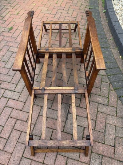 Arts & Crafts Oak Reclining Armchair With Footrest - Image 3