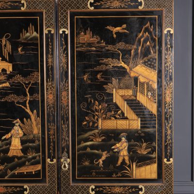 Early 20th Century Black Lacquered Chinoiserie Triple Wardrobe - Image 8