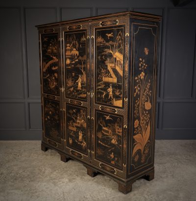 Early 20th Century Black Lacquered Chinoiserie Triple Wardrobe - Image 11