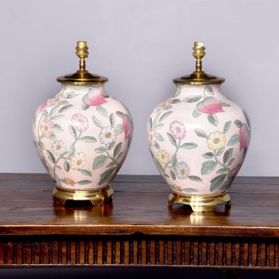 Pair of Chinese Style Bulbous Decorated Pottery Lamps on Brass Mounts with Lampshades - Image 2