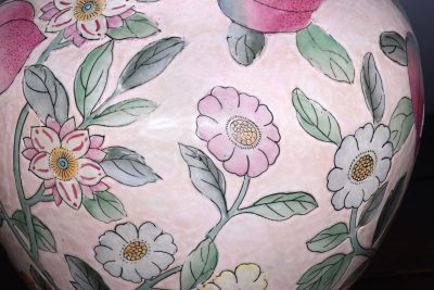 Pair of Chinese Style Bulbous Decorated Pottery Lamps on Brass Mounts with Lampshades - Image 3