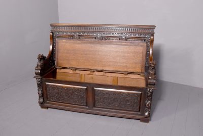 A Large Carved Oak Hall Bench - Image 9
