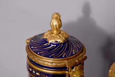 Pair of Sevres or Sevres style hand - decorated cobalt blue porcelain vases with ormolu mounts - Image 13