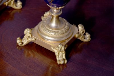 Pair of Sevres or Sevres style hand - decorated cobalt blue porcelain vases with ormolu mounts - Image 12