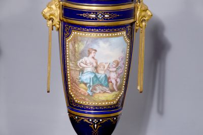 Pair of Sevres or Sevres style hand - decorated cobalt blue porcelain vases with ormolu mounts - Image 7