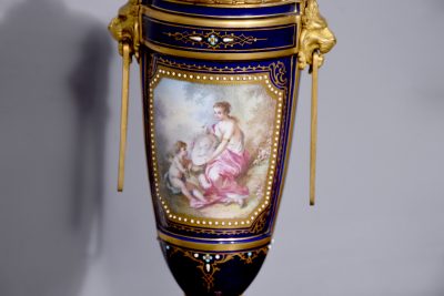 Pair of Sevres or Sevres style hand - decorated cobalt blue porcelain vases with ormolu mounts - Image 6