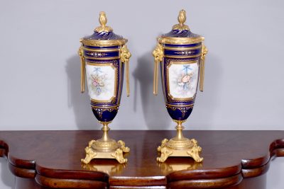 Pair of Sevres or Sevres style hand - decorated cobalt blue porcelain vases with ormolu mounts - Image 3
