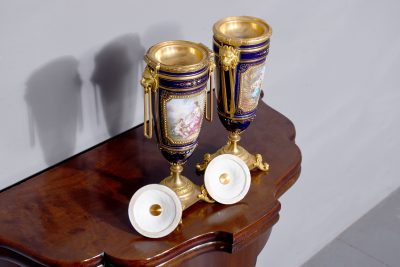 Pair of Sevres or Sevres style hand - decorated cobalt blue porcelain vases with ormolu mounts - Image 2