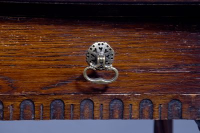 Neat-sized Jacobean-style, oak side table/fold-over games table - Image 2