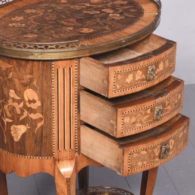 French Marquetry Inlaid Oval Side Table with Brass Gallery - Image 11