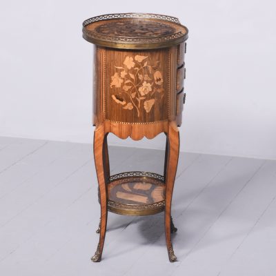 French Marquetry Inlaid Oval Side Table with Brass Gallery - Image 12