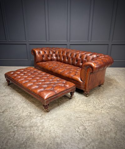 Genuine Victorian Leather Chesterfield Sofa & Footstool - Image 13
