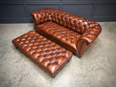 Genuine Victorian Leather Chesterfield Sofa & Footstool - Image 15