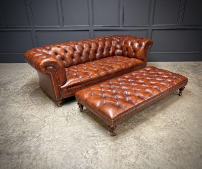 Genuine Victorian Leather Chesterfield Sofa & Footstool - Image 9